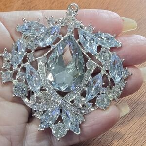 Crystal Teardrop Statement Pendant Broach Pin - Clear Silver Tone